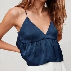 Little Moon Aritzia Lover Cami Satin V-Neck Camisole Top Tank Navy Small